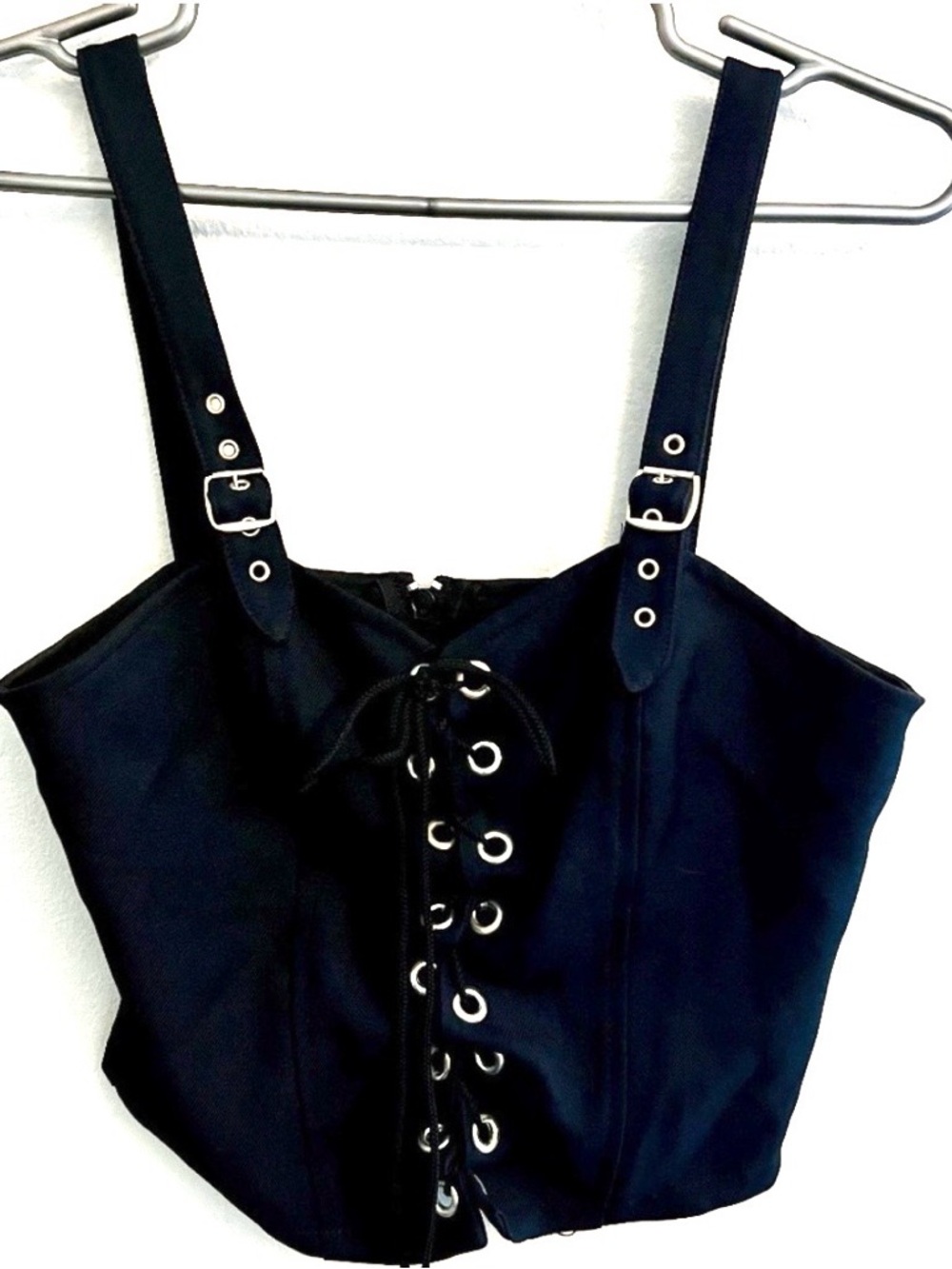 LIP SERVICE Black Corset Lace Up Buckle Cropped Tank Top Size M Vintage 90s Goth - Picture 2 of 3
